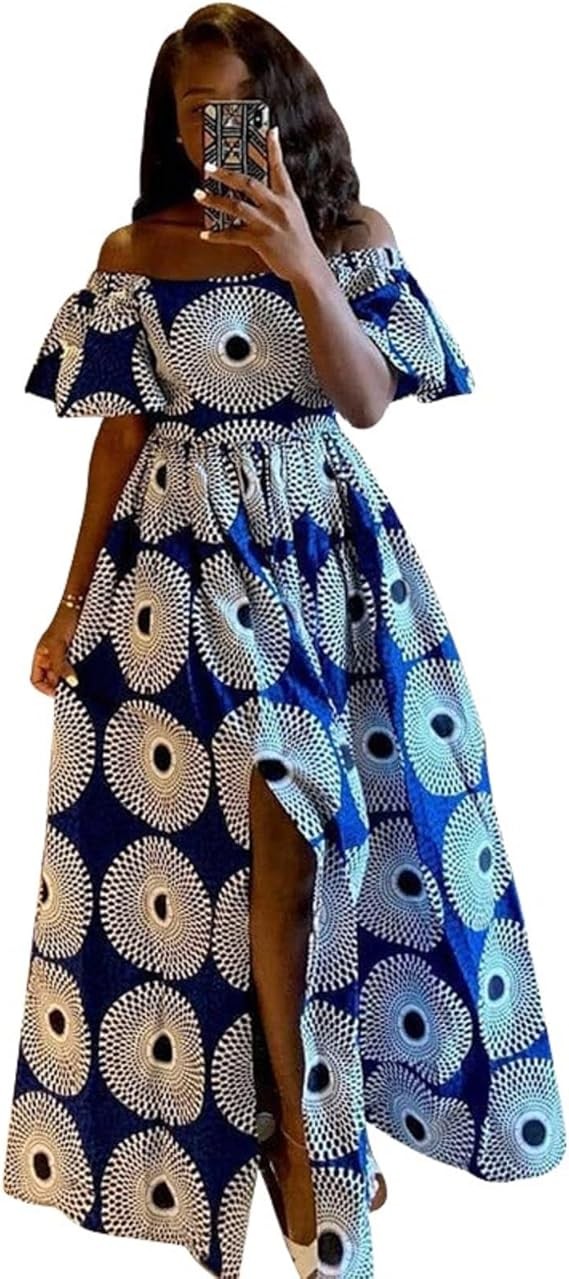 TOSHIKII Mini Robe Traditionnelle Africaine pour Femmes, Robe mi-Longue Ankara à épaules dénudées, Robe balançoire de fête Florale Dashiki