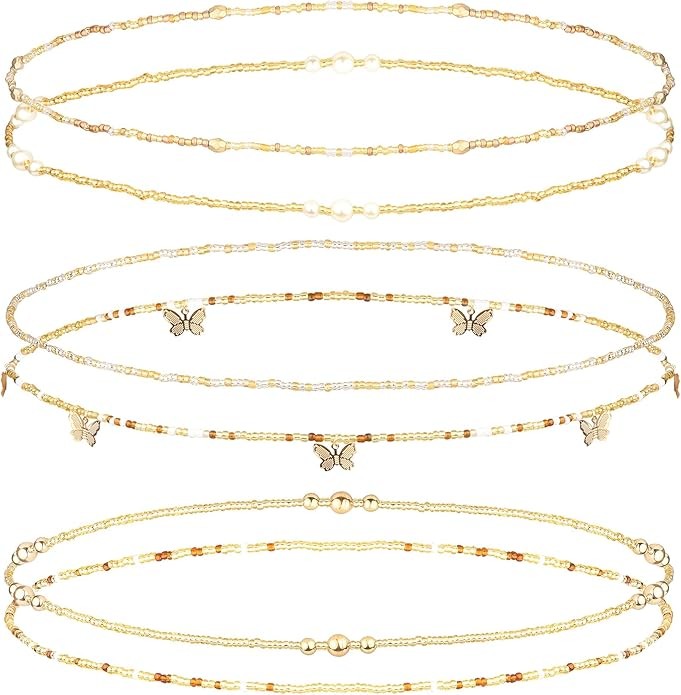 Finrezio 6 Pieces Layered Beads Belly Waist Chain for Women African Beads Waist Chain Waist Beads Elastic Waist Bead Bikini Body Chain Beaded Waist Jewelry