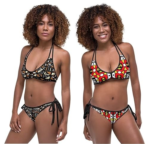 Samakaka Bogolan wax African pattern Ankara colorful print reversible 2 in 1 bikini swimsuit for women - Kizmethat (L)