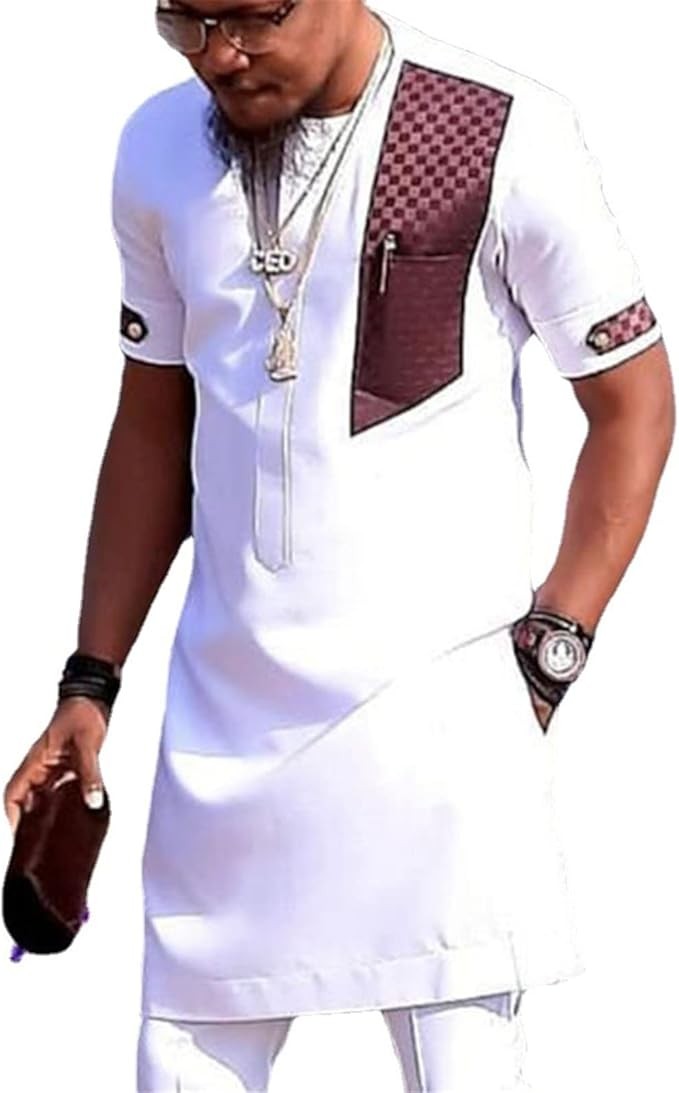 Men's African Clothing Kurta Shirt + Pants Set 2 Piece Short Sleeve Outfit Dashiki Tracksuit