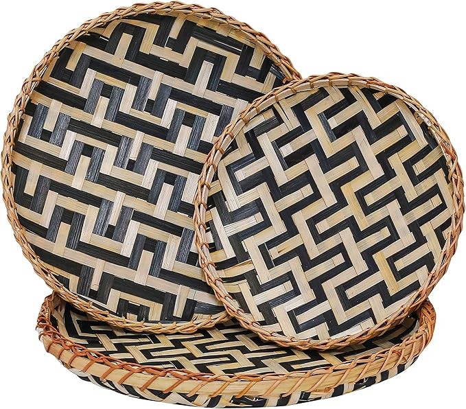 3 Pack Bamboo Woven Wall Basket Boho Style Kitchen Organization Wicker Tray for Coffee Table Decorative Plates Wall Hanging Serving Tray Farmhouse Wicker Serving Tray