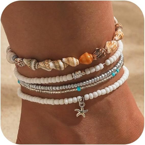 Shimmerz Pearl Anklet Set for Women Adjustable Gold Boho Shell Anklet Hawaiian Beach Shell Beads Discs Starfish Anklet Jewelry