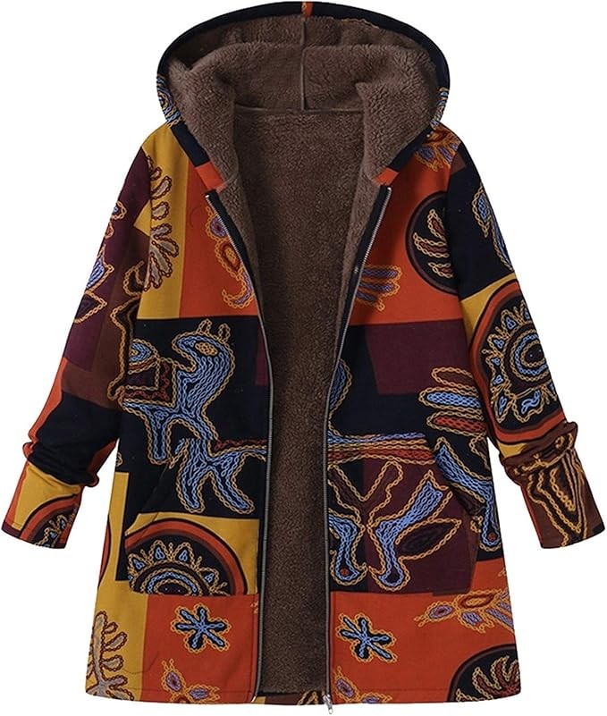 Chaud Polaire Femme Manteau Vintage Bohème Ethnique Imprimée Veste Casual Confortable Doublure Polaire Épais Boutons Manteaux Manche Longue Grande Taille Manteau Femme Hiver à Capuche