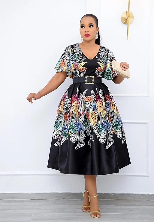 LWODANU African Print Polyester Short Sleeve Summer African Dresses