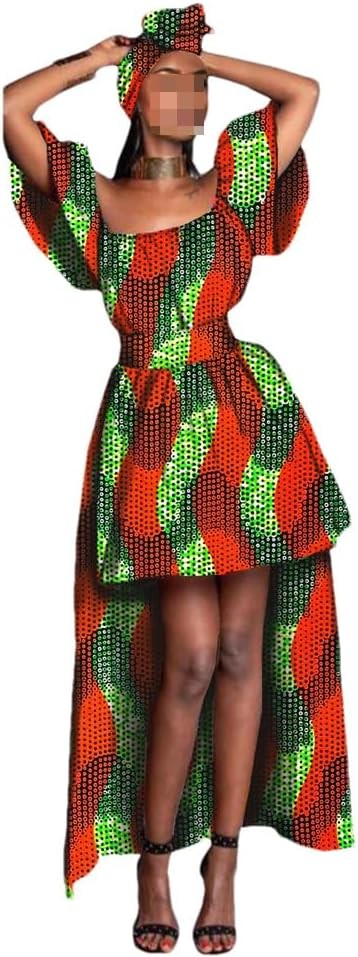 African High Low Dress for Women Off Shoulder High Waist Midi Dress with Head Scarf