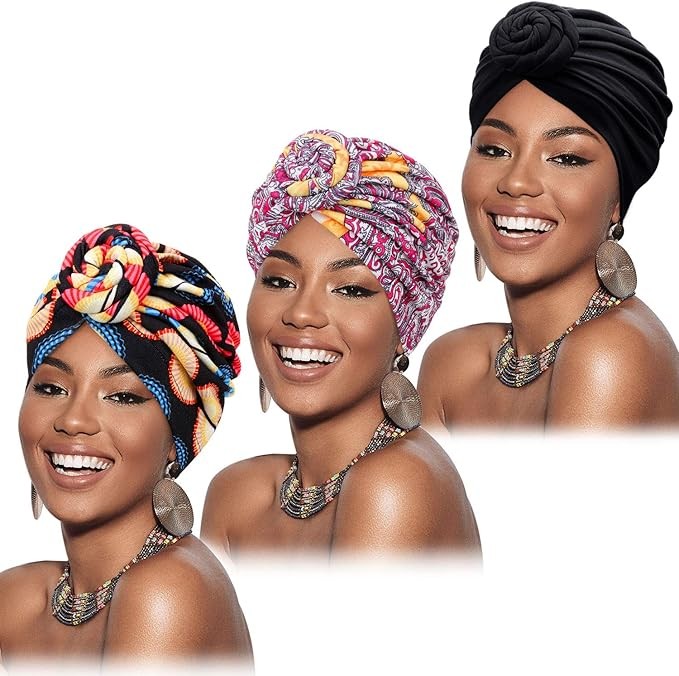 Mudder 3 Pack Women's Pre-Tied African Turban Turban One Size Multicolor, Multicolored, One Size