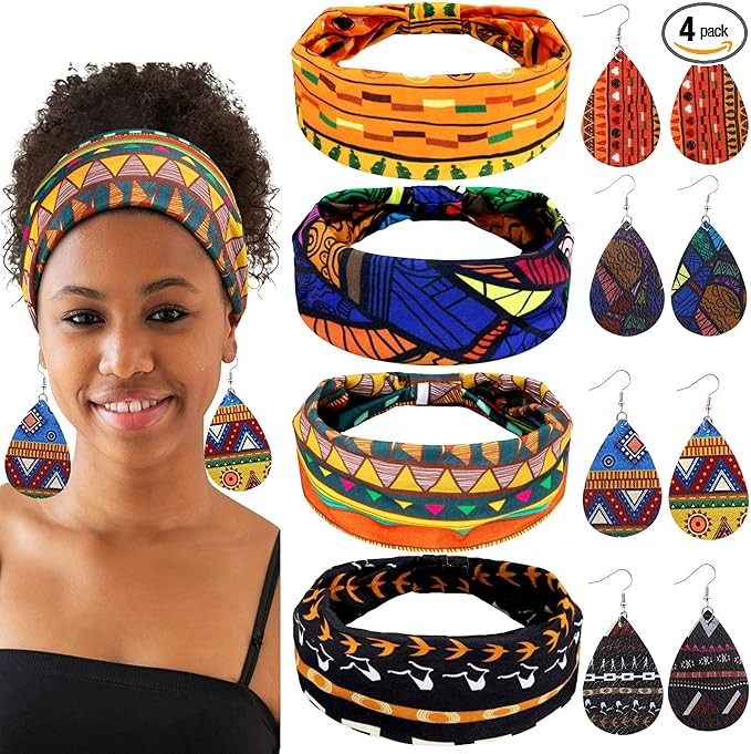 4 Pairs Faux Leather African Earrings 4 Pieces African Headbands, Teardrop Earrings Wide Knotted Hair Bands Stretchy Yoga Headbands for Girls Women
