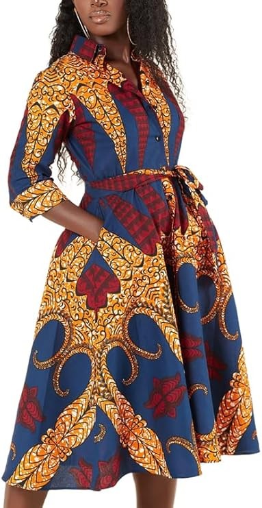 RICOCHO African Print Traditional Dress Women Boho Dashiki Floral Print Swing Dress