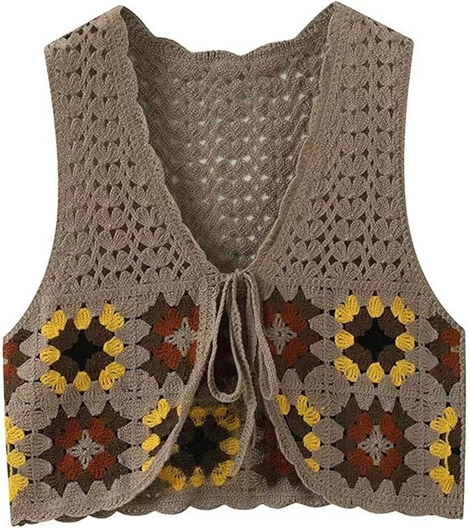 Peosaard Boho Sleeveless Knit Vest Floral Hollow Crochet Casual V Neck Khaki Tie Front Knit Open Front Cardigan