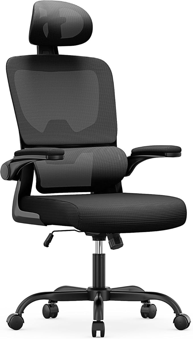 Ergonomic Office Chair: Office Chair with C-Shaped Lumbar Support, Adjustable Backrest and Headrest, Reversible Armrest, Breathable Mesh Seat Suitable for Home Office, Reading, Black