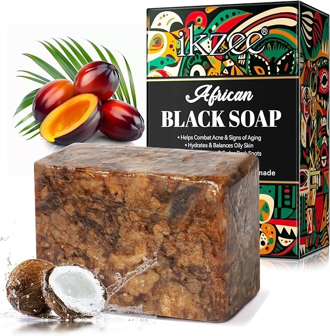 Organic African Black Soap, African Soap for Acne and Dark Spots, African Black Soap Raw Black Soap Bar for All Skin Types - Face, Body, Hair, 100g