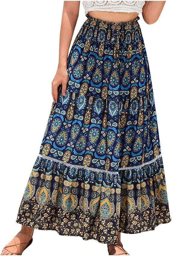 Jupe Longue Femme Taille élastiquée- Jupe Boheme Femme Imprimé Floral Casual Léger Fluide Jupes Chic Et élégant Basiques Tendance Pas Cher Eté pour Plage Voyage Vacances Quotidien