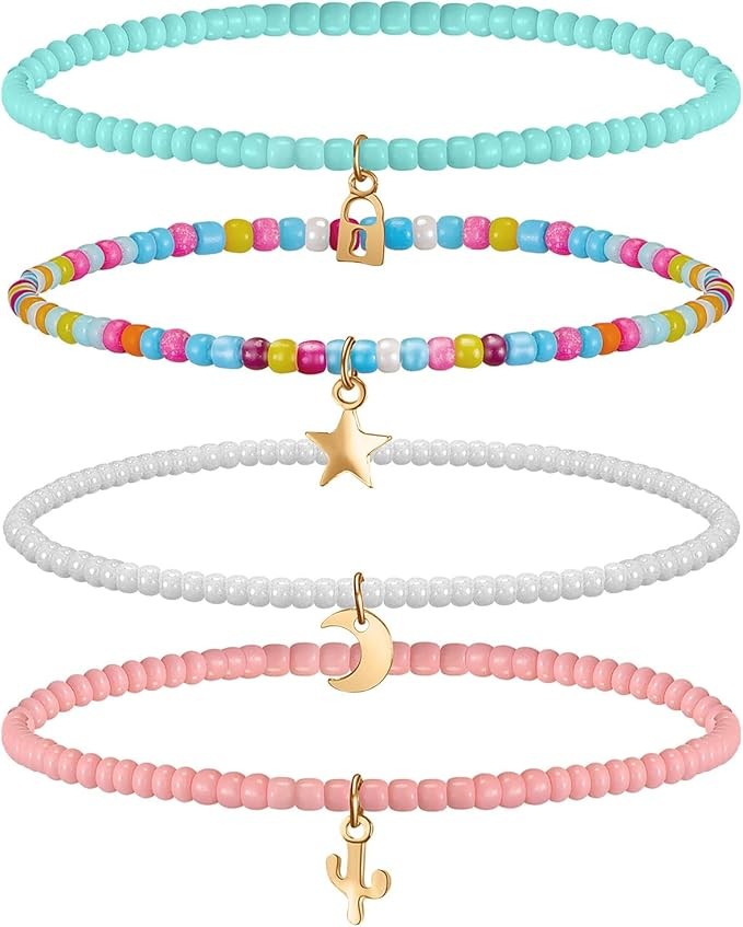 Jadive 4 Pieces Colorful Layered Beaded Anklets Boho Elastic Foot Chain Summer Sandy Beach Foot Bracelet Adjustable Anklet for Women and Girls Jewelry