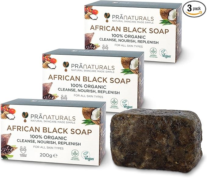 PraNaturals Organic African Black Soap 100% Organic 3x 200g, ethically sourced and handmade in Ghana, for all skin types