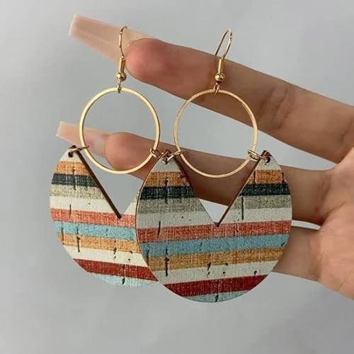 DISQUES EN BOIS RAYÉS GRANDES BOUCLES D'OREILLES EN BOIS AVEC ANNEAU ET CROCHET EN OR ❁⊰⊹ Boucles d'oreilles Tribal Ethno légères, OR et couleurs naturelles