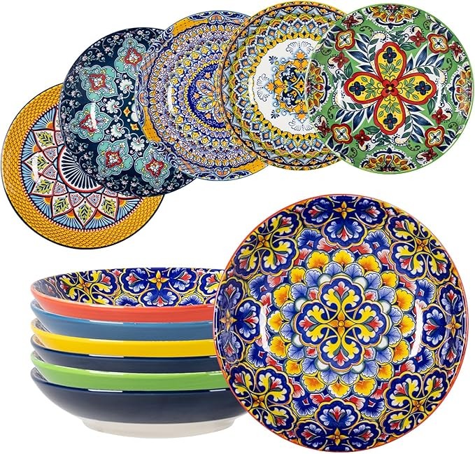 HENXFEN LEAD Porcelain Soup Plate, 700 ml Soup Bowls Pasta Plate Set of 6, Colorful Salad Plate for Pasta Soups Salad Fruit - Bohemian Style