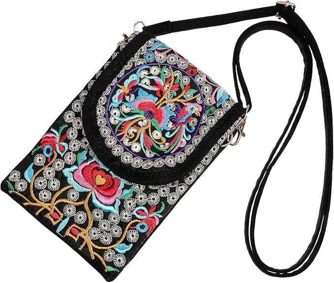 ibasenice Small Ethnic Embroidered Vintage Cell Phone Bag Handmade Purse Coin Purse for Girls Family Women (Silver Flower)