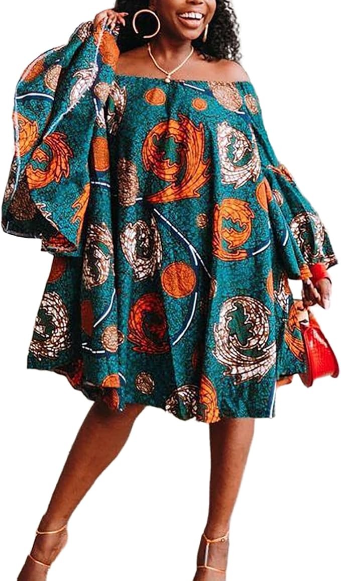 oytto Ankara Women's Traditional African Floral Print Pleated A-line Midi Dashiki Dress