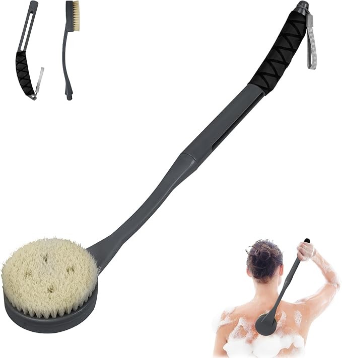 Long Handled Back Brush for Shower, 52.1cm Bath Brush, Bath Brush for Back, Shower Brush with Curved Handle for Elderly Disabled, Limited Mobility, Shoulders (Grey)