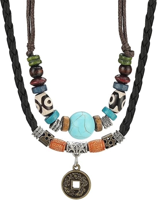SHIEAGLELD Leather Necklace, Men Women Vintage Bohemian Style Ethnic Beads Braided Choker Double Layers Adjustable, Leather Braided Necklace