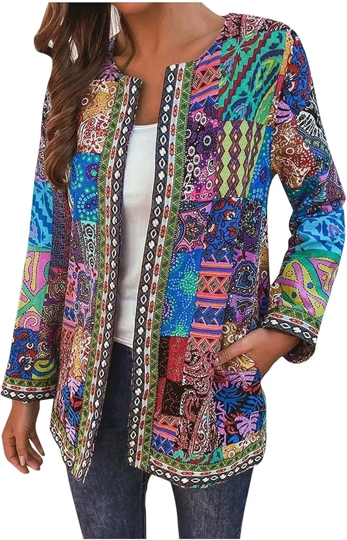 Women's autumn winter ethnic large size jackets women chic and elegant collarless coat long sleeve ladies bohemian casual cardigan long woman soft outwear retro coat trench coat