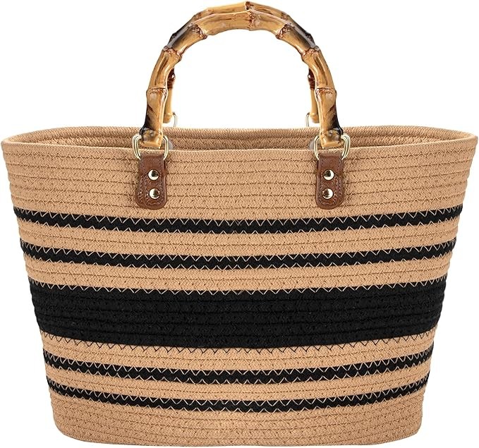 MengH-SHOP Tote Bag Summer Beach Bag for Women Large Hand-Woven Handbag with Top-Handle Vintage Shopping Bags for Travel Date Holiday