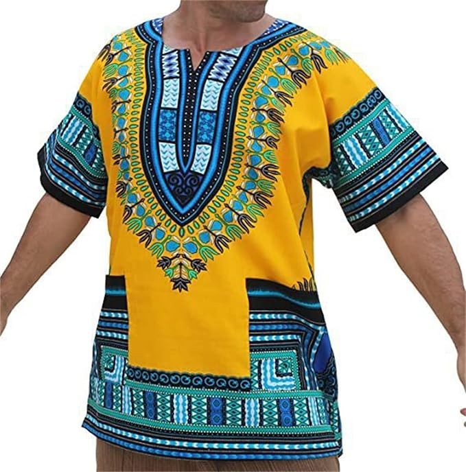 kewing Men African Dashiki Shirt Tops 3D Printed T-Shirt Tribal Festival Hippie Shirt V Neck Traditional African Clothing