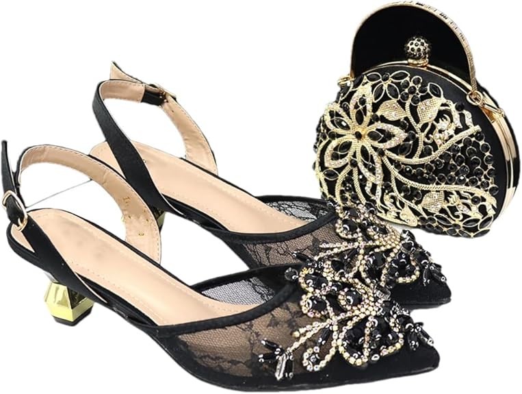 Elegant Lace Evening Shoes and Bag Set African Crystal Comfortable Shoes and Bag Chaussures Femme
