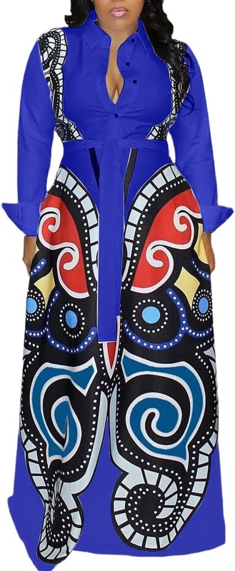 RICOCHO African Printed Long Sleeve Dress Long Sleeve Colorful Floral Pattern A- Type Long Dress for Women