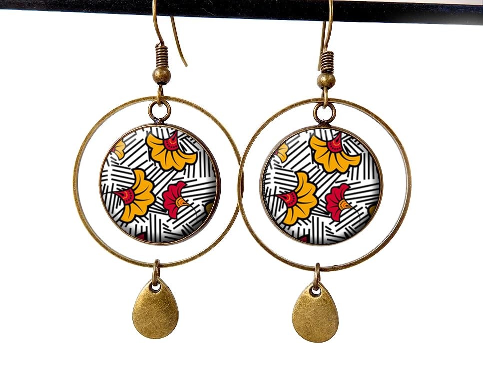 Boucles d'oreilles wax jaune et gris cabochon Afrique ethnique tendance