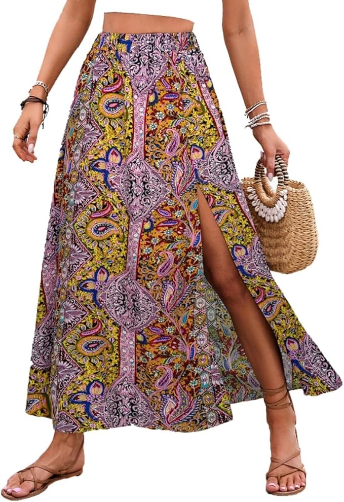 ABINGOO Women's Summer High Waist Elastic Skirts Bohemian Maxi Skirt A-Line Floral Print Beach Skirt Elegant Maxi Skirt