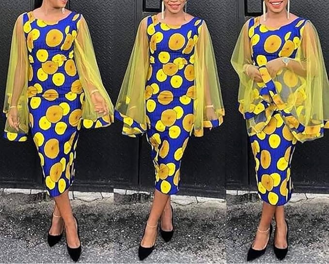 RICOCHO Robe Crayon Traditionnelle Dashiki pour Femmes Robe Moulante à Manches Longues en Maille Africaine Costume Ethnique