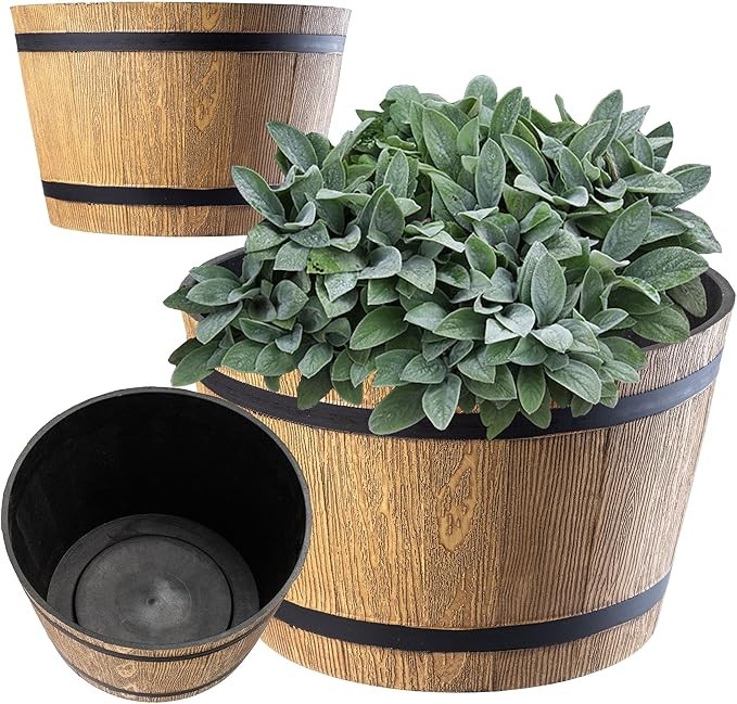 KADAX Ø23cm - Plastic Indoor Outdoor Plant Pot Planter Faux Wood Planter Stylish Barrel Design (Light Brown)