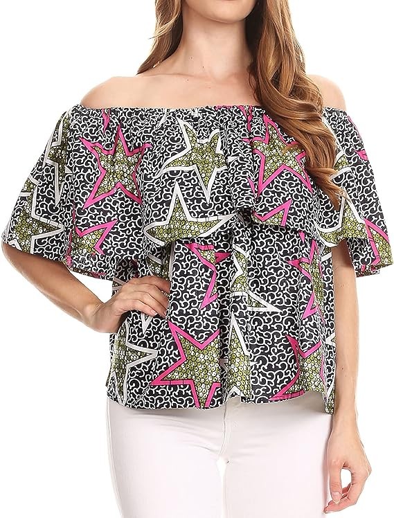 Sakkas Imani Wax Colorful African Ankara Dutch Off-Shoulder Blouse Top Gorgeous