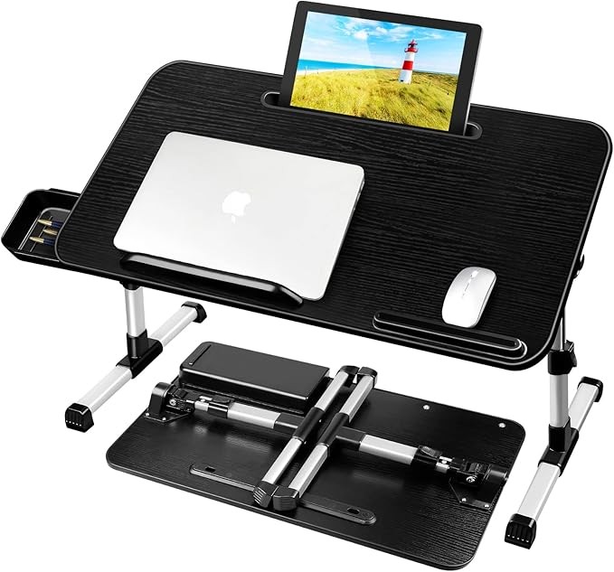 AirOpen Laptop Bed Table, Foldable, Height and Angle Adjustable, Tray with Drawer/Tablet Slot, for Sofa/Floor (60 x 34 cm, Black)