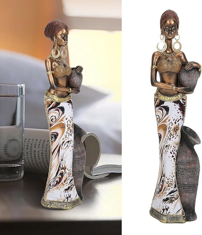 HUONIU Handmade Black Resin African Tribal Woman Statue, Vintage Realistic Mysterious African Lady Art Sculpture with Clay Pot for Home Decor (A)