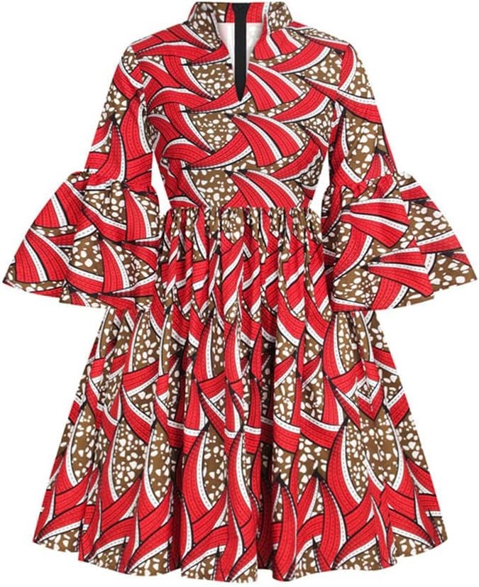 Vsadsau Ankara Print African Long Dress for Women Traditional Casual Long Dress Lotus Sleeve V Neck