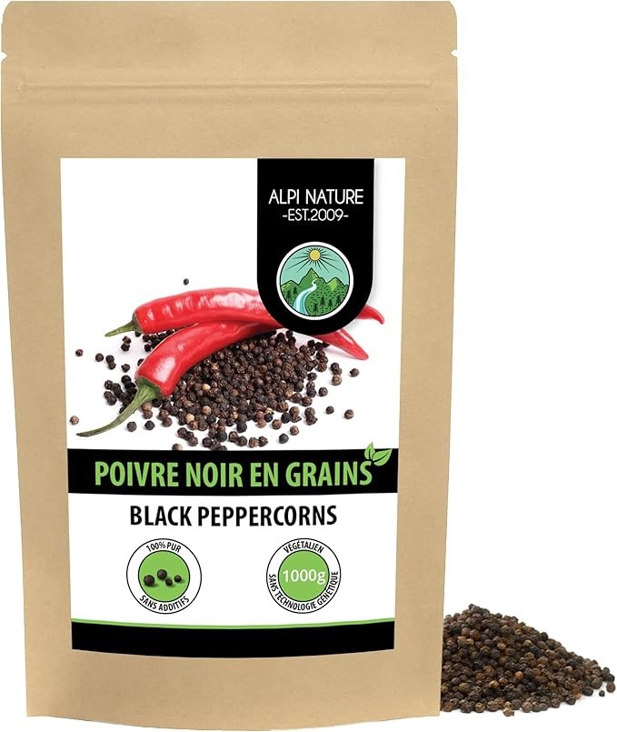 Black Pepper 1kg by Alpi Nature, Whole Peppercorns for Cooking, Piper Nigrum