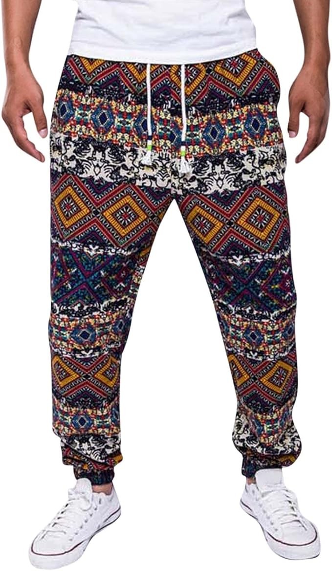 Men's Linen Style Cotton Ethnic Trousers And Rope Casual Printed Trousers Men Thai Pants Men