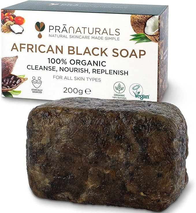 PraNaturals Pure African Black Soap 100% Organic, Ethically Sourced & Handmade in Ghana, for All Skin Types, Detoxifying & Anti-Aging, Pure Natural Moisturizer Vegan, Unprocessed