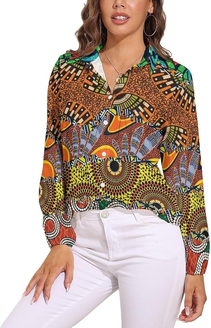 JiuPopular Chemisier à manches longues pour femme, motif patchwork africain, chemise boutonnée pour le travail et les fêtes, Motif patchwork africain, XXL