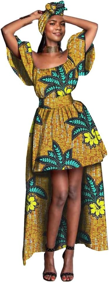 Women African Dress High Low Off Shoulder High Waist Midi Dress with Scarf