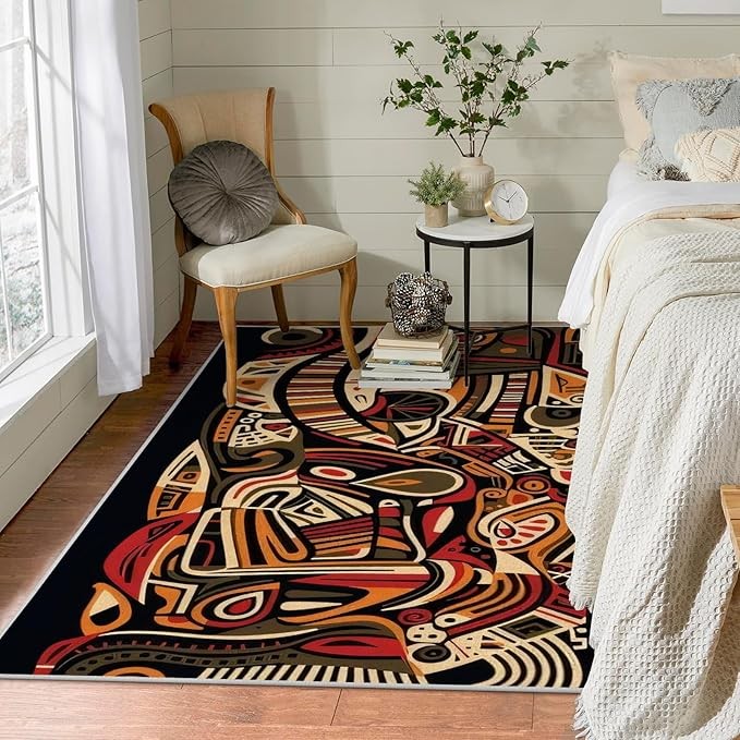 Carpet African Art Machine Washable Carpet Living Room 160 x 200 cm Short Pile Abstract Traditional Rug Bedroom Soft Absorbent Floor Carpet Decoration Teenager Adult Bedroom