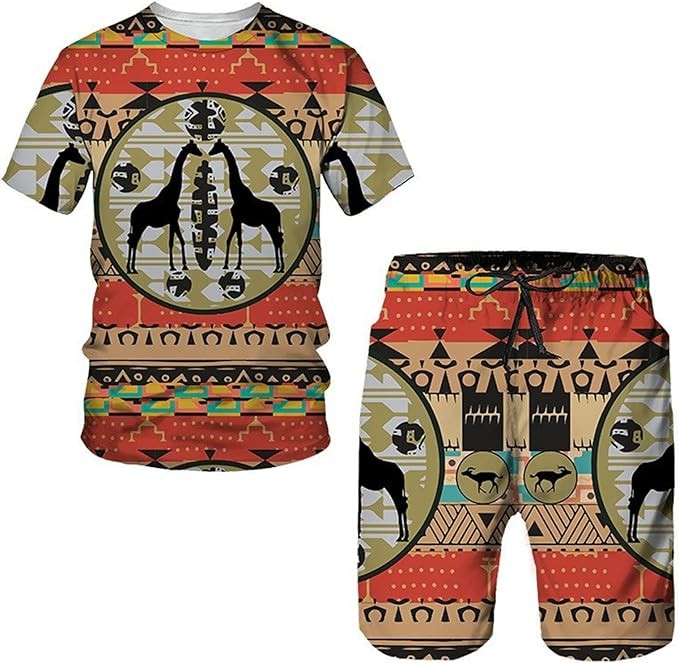 kewing African Dashiki 3D Printed Men's T-Shirt and Shorts Set Summer Tracksuit Two Piece Set Casual Sportwear Outdoor Tees Suit