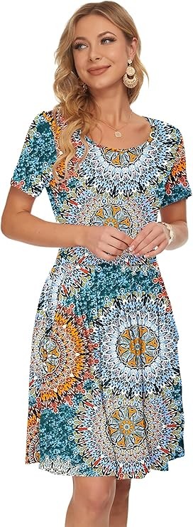 AUSELILY Short Sleeve Pleated Knee Length Pockets Casual Dress