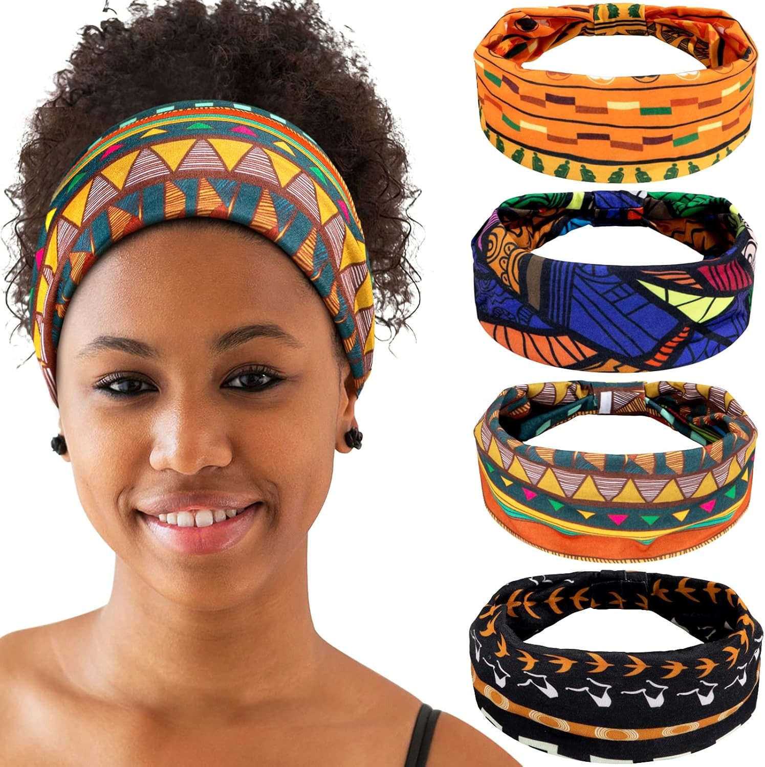 4 Pieces African Headbands Wide Knotted Stretchy Yoga Headband African Hair Band Hair Accessories for Women and Girls (Vintage Series)