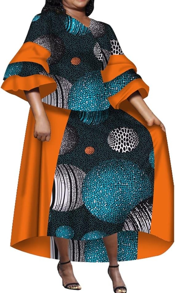 Bazin Riche Women's African Skirts Set Long Sleeve Top and Skirt 2 Pack Plus Size, FP6103, L