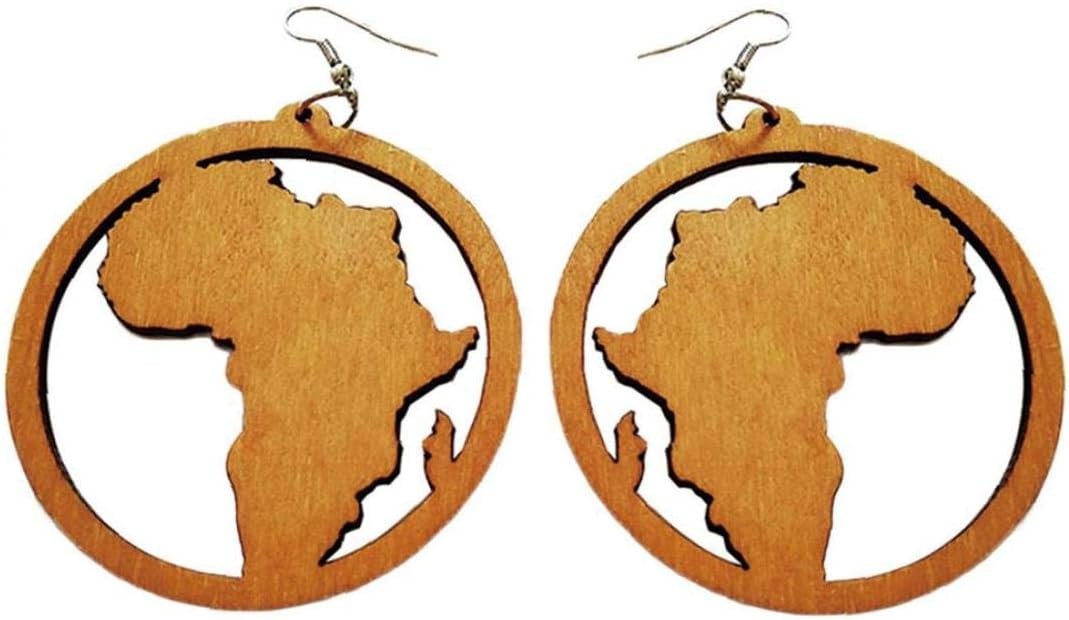 Angoter African Map Wooden African Earrings Ethnic Style Drop Dangle Earrings for Women 1 Pair