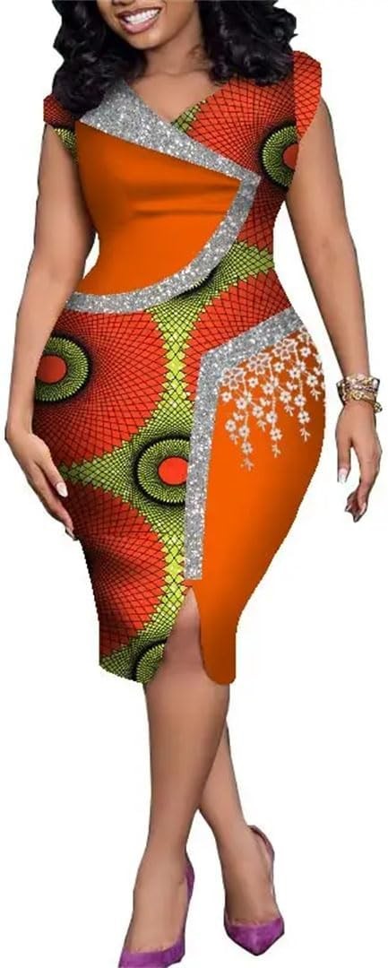 African Women Dress Knee Length Patchwork African Waxed Dashiki Print Dress