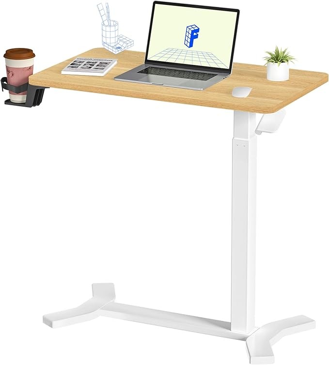 FLEXISPOT Adjustable Side Table H5 – Multipurpose Rolling Table with Cup Holder, C Desk for Bed, Sofa, Laptop – Wood Top, Maple